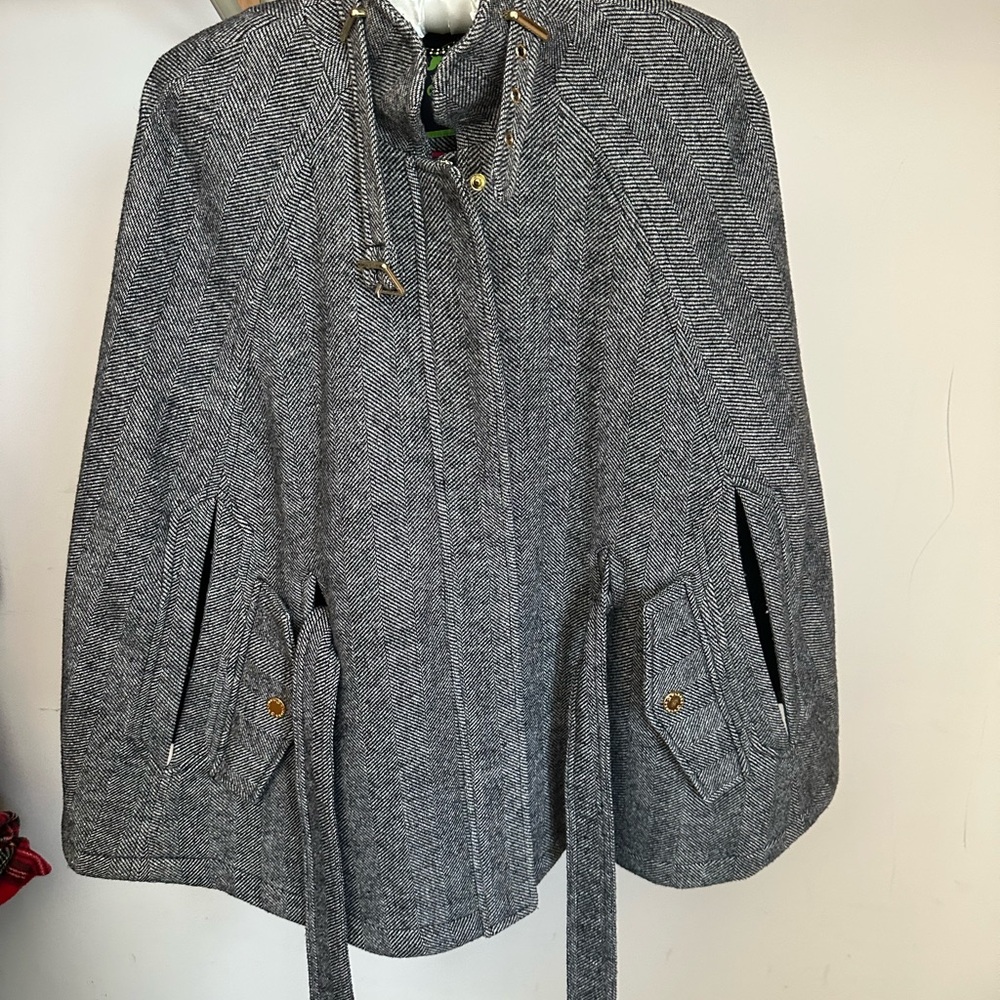 C. Wonder Herringbone Cape Coat in Black